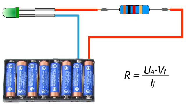 Alimentation d'une led en 12 volts avec des piles et une resistance de mille ohms