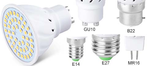 Forme du spot à LED avec ses différentes douilles E14, E27, B22, GU10, MR16
