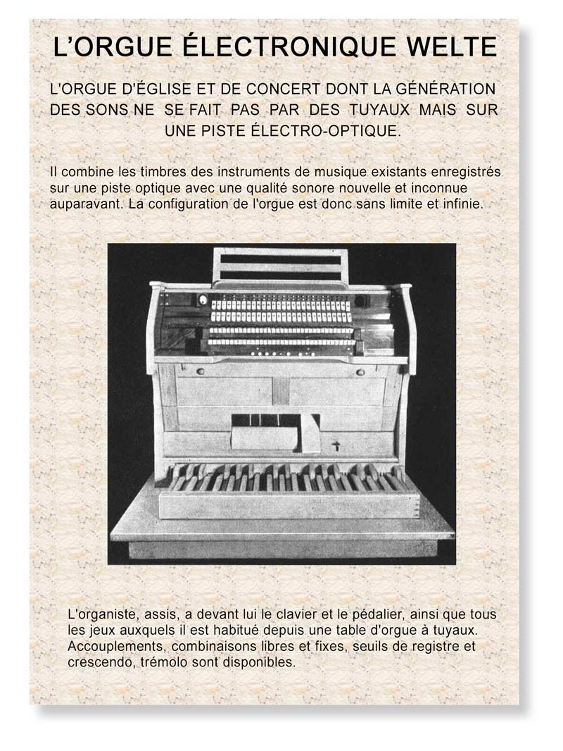 Affiche promotionelle de l'orgue WELTE de 1935 avec une photo et texte de description