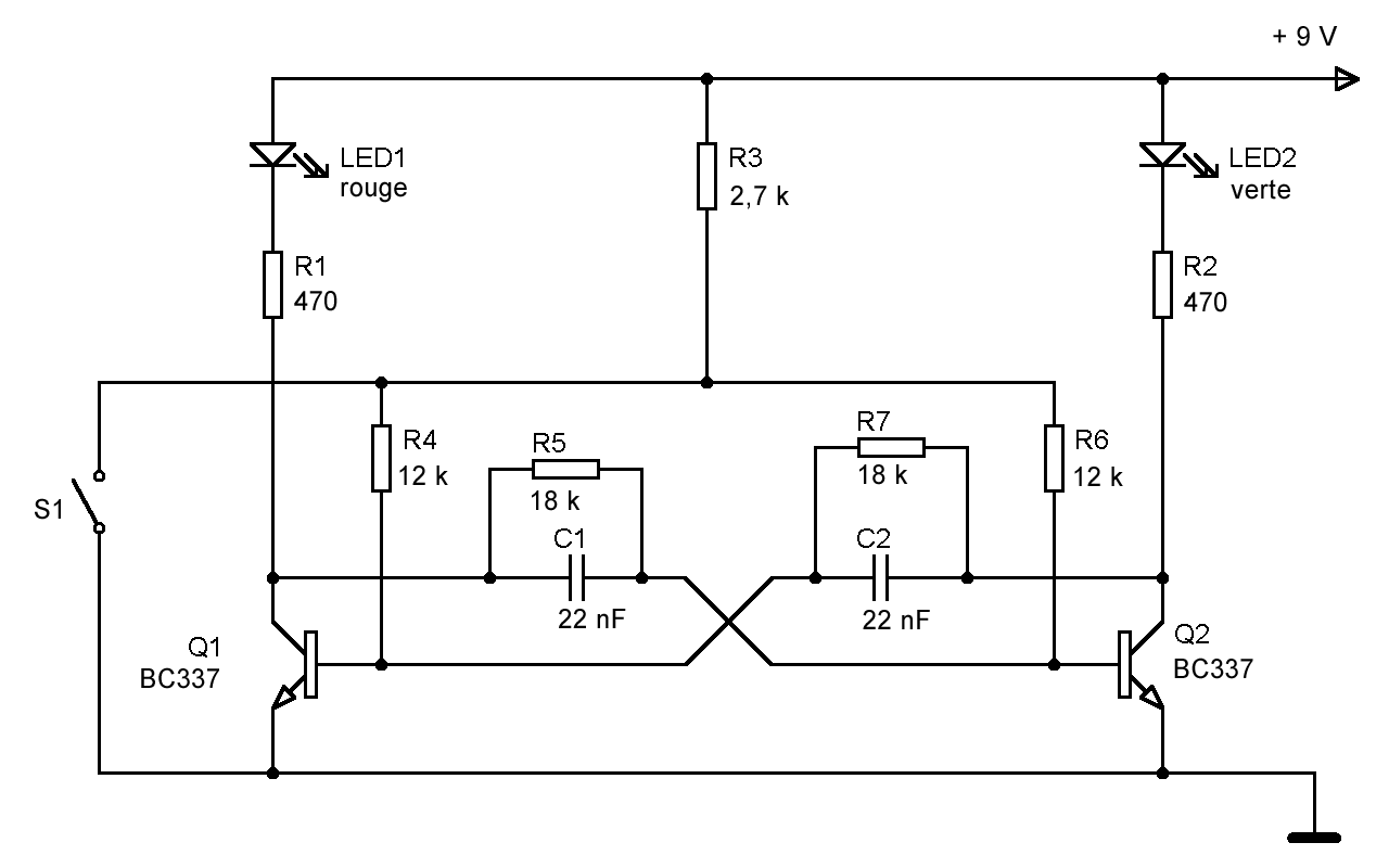 Schéma électronique du pile ou face à 2 LED