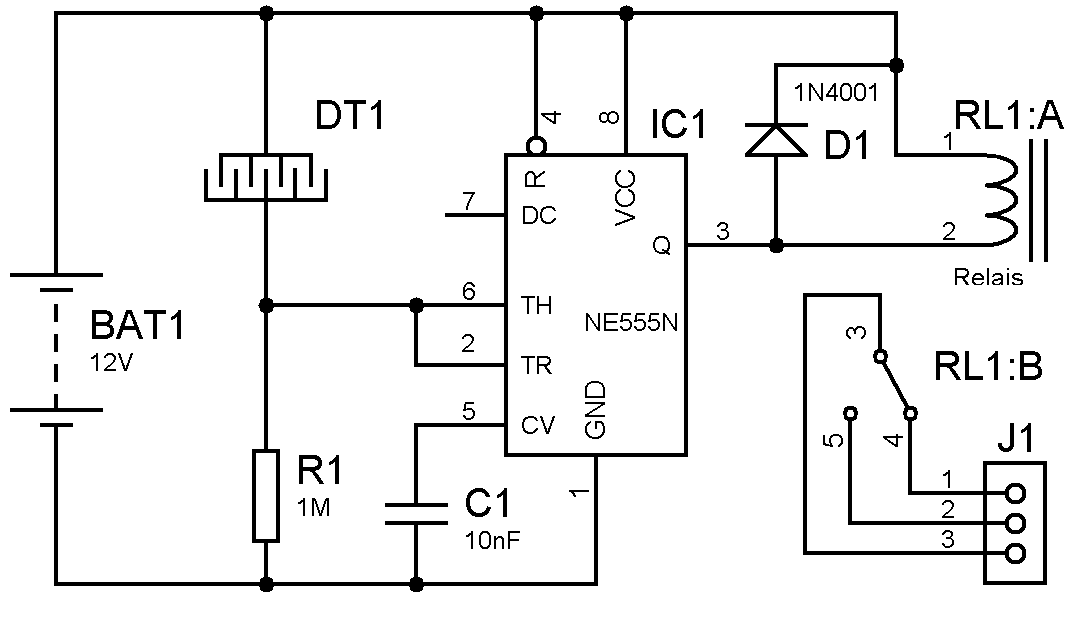 Schéma du détecteur de pluie à circuit intégré NE555 avec sortie sur relai